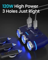 Auto cigarešu aizdedzinātāja ligzdas sadalītājs B39-C - 3 ligzdas + USB + Type C - QC 3.0 PD 3A 120W ar displeju un kabeli