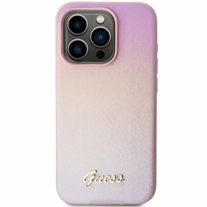 Guess Saffiano Iridescent Script apvalks iPhone 14 Pro - rozā