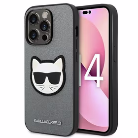 Karl Lagerfeld Saffiano Choupette Head Patch viedtālruņa apvalks iPhone 14 Pro - sudraba