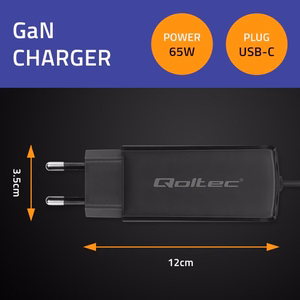 Qoltec 52419 65W GaN super ātrais lādētājs | 5-20V | 3-3.25A | USB-C 3.1