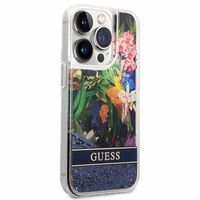Guess Flower Liquid Glitter viedtālruņa apvalks iPhone 14 Pro Max - zils