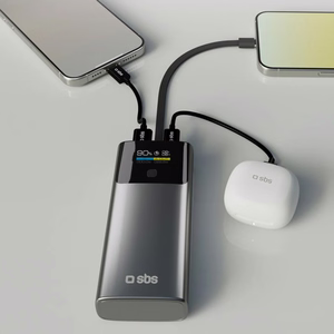 SBS 10000mAh PD 20W внешний аккумулятор с ЖК-дисплеем и встроенным кабелем USB-C - Серый