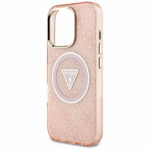 Guess IML Metal Glitter 4G Circle Triangle magnētiskais viedtālruņa apvalks iPhone 16 Pro - rozā