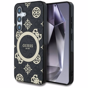 Guess 4G fona ar zeltītu peoniju rakstu magnētiskais viedtālruņa apvalks Samsung Galaxy S25 melns