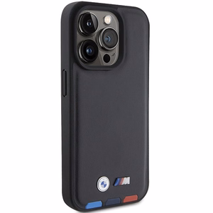 BMW BMHCP15L22PTDK viedtālruņa apvalks iPhone 15 Pro 6.1" melns/melns ādas ar trīskrāsu emblēmu