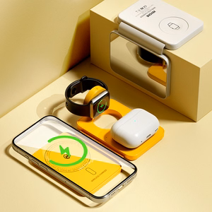 WEKOME WP-U172 salokāma 3-in-1 bezvadu uzlādes stacija ar spoguli iPhone, Apple Watch un AirPods, saderīga ar MagSafe, 15 W, dzeltena