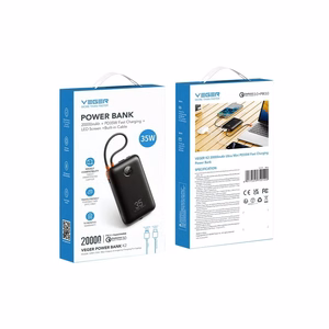 Veger K2 (W2068) 20000 mAh powerbank 35W PD QC3.0 ar iebūvētiem USB-C un Lightning kabeļiem, melns
