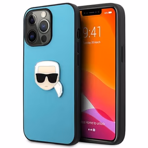 Karl Lagerfeld KLHCP13XPKMB iPhone 13 Pro Max 6,7" zils cietais maciņš Leather Ikonik Karl`s Head Metal