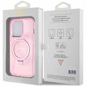 Guess viedtālruņa apvalks ar statīvu Ring Stand Script Glitter magnētiskais iPhone 15 Pro - rozā