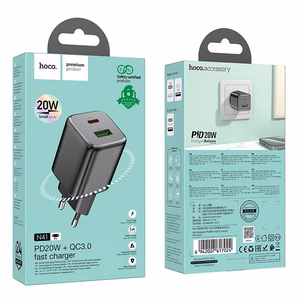 Lādētājs viedtālrunim Hoco USB A + USB C QC3.0 PD 3A 20W N41 melns