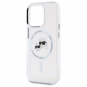 Karl Lagerfeld IML Metāla Karl&Choupette galva MagSafe apvalks iPhone 15 Pro - balts