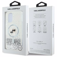 Karl Lagerfeld Liquid Glitter Karl & Choupette Head Magnētiskais iPhone 16 Plus viedtālruņa apvalks - caurspīdīgs