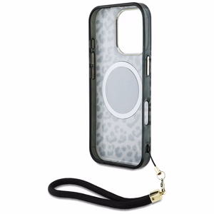 Guess HC IML leoparda trīsstūra auklas siksna MagSafe apvalks iPhone 16 Pro - melns