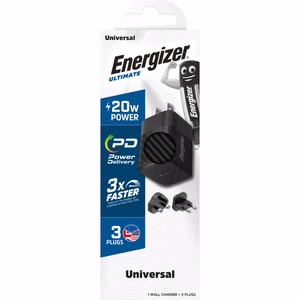 Energizer Ultimate A20MU GaN ceļojumu sienas lādētājs ar EU / UK / US spraudņiem, USB-C, 20 W PD, melns