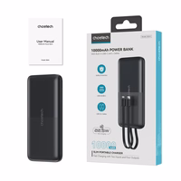 Portatīvais lādētājs Choetech B654 10000mAh 22,5W USB-A / USB-C / micro USB ar iebūvētu USB-C / Lightning kabeli (melns)