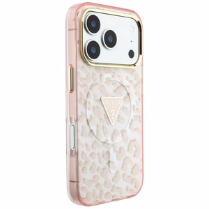Guess IML Leopard Glitter Triangle Logo MagSafe maciņš modelim iPhone 17 Pro Max / 18 Pro Max – krāsa: rozā