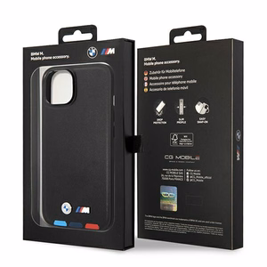 BMW BMHCP14M22PTDK iPhone 14 Plus 6.7 - melns ādas vāciņš ar trīskrāsainu uzliku MagSafe