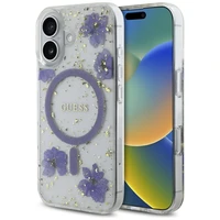 Guess Resin Flowers Glitter MagSafe iPhone 16 viedtālruņa apvalks (m) - violets