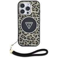 Guess HC IML leoparda trīsstūra auklas siksna MagSafe apvalks iPhone 16 Pro - brūns