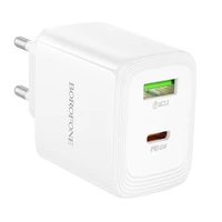 Borofone sienas lādētājs BN30 Cargador GaN - USB + Type C - QC 3.0 PD 45W balts