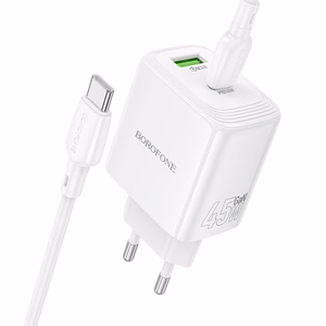 Borofone сетевое зарядное устройство BN30 Cargador GaN - USB + Type C - QC 3.0 PD 45W с кабелем Type C - Type C белый