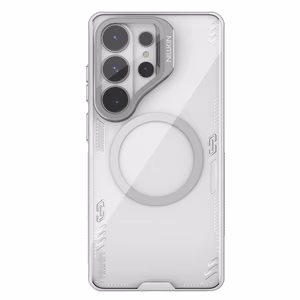 Nillkin Iceblade Prop magnētiskais MagSafe maciņš ar kameras vāciņu un statīvu priekš Samsung Galaxy S26 Ultra caurspīdīgi pelēks