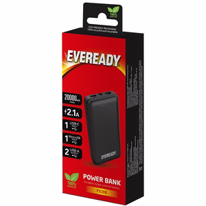 Eveready PX20B ārējais akumulators, 20000 mAh, 2 × USB-A, melns
