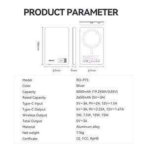 BWOO aluminium magnetic portatīvais lādētājs P75 PD 20W 5000 mAh with digital display and USB-C port sudraba