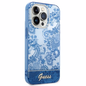Guess GUHCP14LHGPLHB iPhone 14 Pro 6.1 zils / zils kietais viedtālruņa apvalks Porcelain Collection