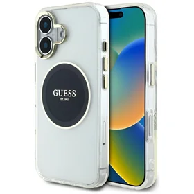 Guess IML Metal Colored Circle Classic Logo Magnētiskais viedtālruņa apvalks iPhone 16 - melns