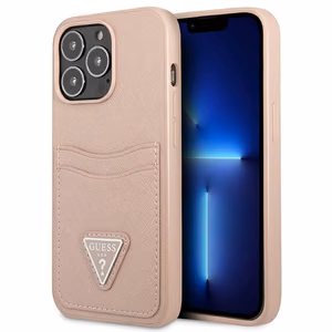 Guess GUHCP13LPSATPP iPhone 13 Pro / 13 6.1 viedtālruņa apvalks, rozā, ciets, ar Saffiano trīsstūra logotipu un karšu nodalījumu