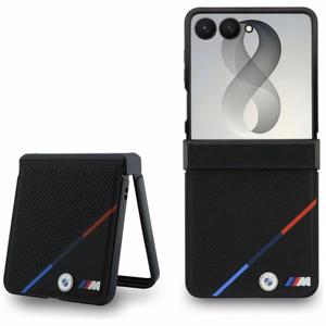 Melns BMW M Leather Perforated Tricolor Stripe Metal Logos vāciņš ar MagSafe Samsung Galaxy Z Flip8 tālrunim