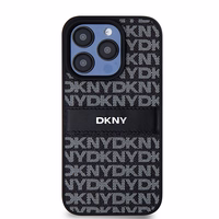 DKNY Ādas mono svītra un metāla logotips viedtālruņa apvalks iPhone 15 Pro - melns