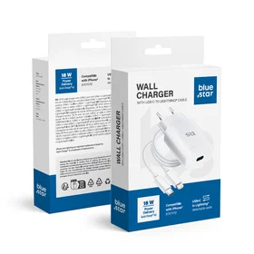 BLUE STAR ceļojumu lādētājs Type C + kabelis Type C uz Lightning PD QC4.0 3A 18W TFK-TC-1099C balts