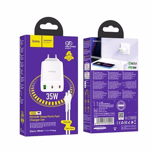 Lādētājs Hoco 2 x USB C + USB A QC3.0 PD 3A 35W N33 + Kabelis USB C uz Lightning N33 balts