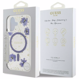 Guess Resin Flowers Glitter MagSafe iPhone 16 viedtālruņa apvalks (m) - violets