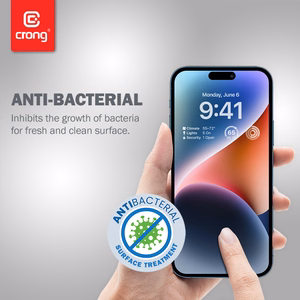 Crong Anti-Bacterial 3D Armor Glass 9H visu ekrānu pārklājošs rūdīta stikla aizsargs iPhone 14 Pro ar uzstādīšanas rāmi