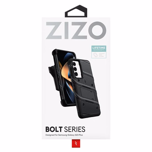 ZIZO BOLT Series bruņota vāciņa komplekts Samsung Galaxy S23+ ar 9H ekrāna stiklu, iebūvētu statīvu un pie jostas stiprināmu turētāju, melns