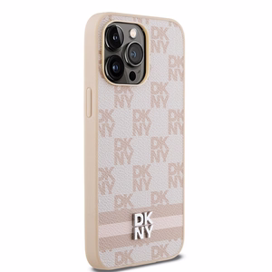 DKNY Ādas rūtainais mono raksts un drukātās svītras viedtālruņa apvalks iPhone 14 Pro Max - rozā