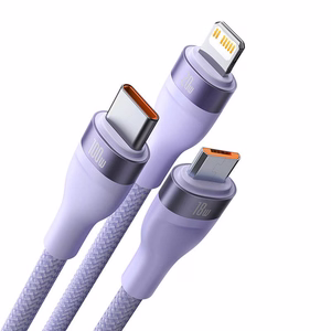 Кабель USB 3 в 1 Baseus Flash Series 2, USB-C + Micro USB + Lightning, 100W, 1.5m, фиолетовый
