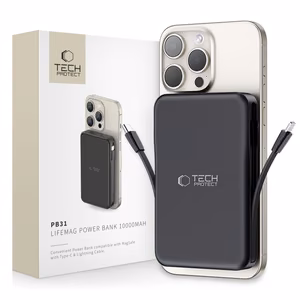 Tech-Protect LifeMag PB31 внешний аккумулятор с MagSafe 10000mAh 15W USB-C / USB-A / встроенные кабели USB-C / Lightning - Чёрный