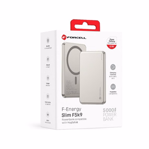 Forcell F-Energy Slim F5K9 ārējais akumulators, saderīgs ar MagSafe, 5000 mAh, 15 W, QC 4.0, PD 3.0, Cloud Dancer