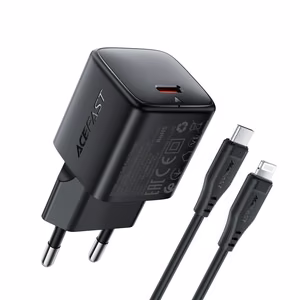 Acefast A118 30W GaN USB-C Wall Charger with 1.2m USB-C to Lightning Cable - Black