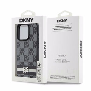 DKNY Ādas rūtainais mono raksts un drukātās svītras viedtālruņa apvalks iPhone 15 Pro - melns