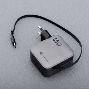 FORCELL F-ENERGY GaN III VT-R5 ceļojumu lādētājs ar izvelkamu kabeli Type C un Type C uzlādes portu PD QC4.0 3A 45W pelēks