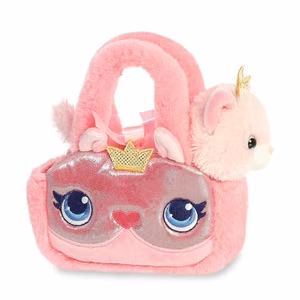 Fancy Pals videi draudzīga princeses kaķenes plīša rotaļlieta ar zelta kroni rozā somiņā, 20 cm