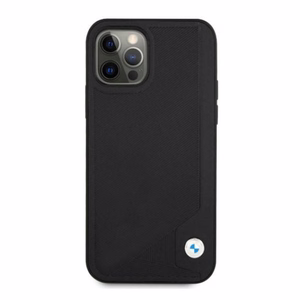 BMW ādas apvalks ar iespiešanu iPhone 12 Pro Max - melns