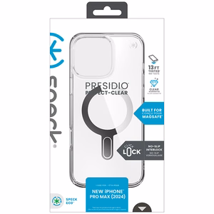 Speck Presidio Perfect-Clear vāciņš ar MagSafe un ClickLock iPhone 16 Pro Max tālrunim, Clear/Chrome