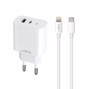 Maxlife MXTC-06-20AC PD QC charger 1x USB-C 1x USB 20W white + USB-C - Lightning cable 20W