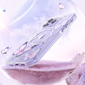 Kingxbar Butterfly Series magnētiskais viedtālruņa apvalks iPhone 14 Plus MagSafe ar rozā tauriņu motīvu